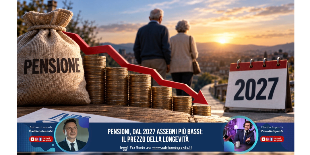 Rappresentazione visiva dell'articolo: Pensioni, dal 2027 assegni più bassi: il prezzo della longevità