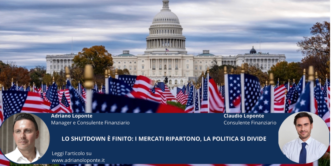 Rappresentazione visiva dell'articolo: Lo shutdown è finito: i mercati ripartono, la politica si divide